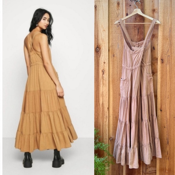 Tan Button-Front Tiered Pinafore Midi Dress 🌿 - Picture 4 of 14